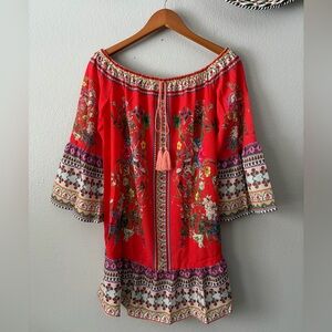 NWT Umgee Colorful Red Floral Tassel Mini Dress Bell Sleeves Medium Small